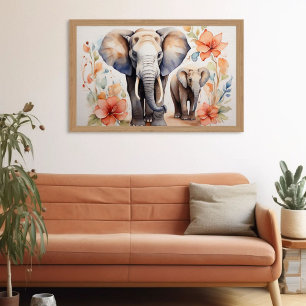 Unieke Olifant Moeder en Kind Bloemen Waterverf Poster