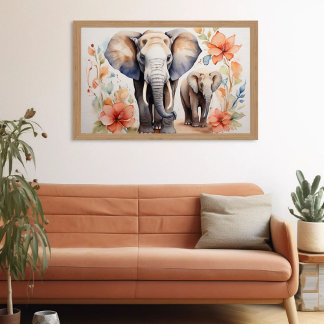 Unieke Olifant Moeder en Kind Bloemen Waterverf Poster
