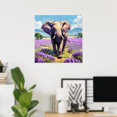 Unieke Olifant Wandelen in Lavendel Veldschilderij Poster (Thuiskantoor)