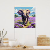 Unieke Olifant Wandelen in Lavendel Veldschilderij Poster (Keuken)