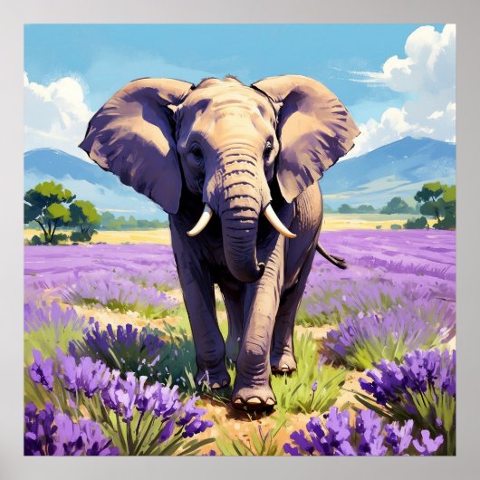 Unieke Olifant Wandelen in Lavendel Veldschilderij Poster (Voorkant)