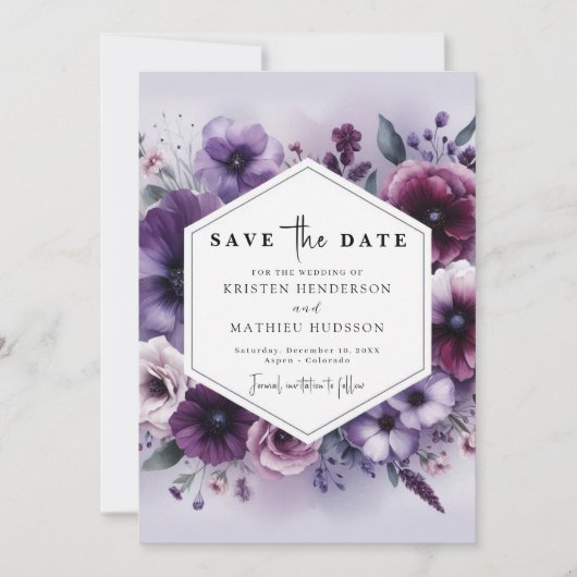Unieke Paarse Bloemenbruiloft Save The Date (Voorkant)