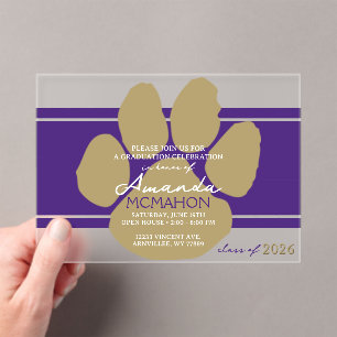 Unieke Paarse & Bronzen Gouden Afstuderen Pawprint Acryl Uitnodigingen