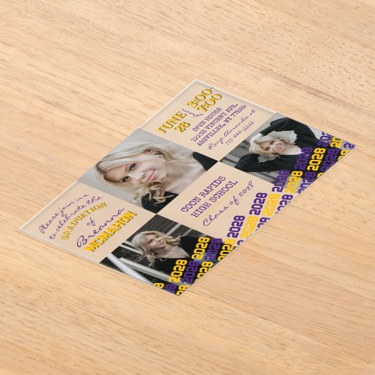 Unieke Paarse & Gouden Afstuderen 3 Foto Frosted Acryl Uitnodigingen (Laagn)