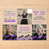 Unieke Paarse & Zwarte Afstuderen 3 Foto Frosted Acryl Uitnodigingen (Voorkant)