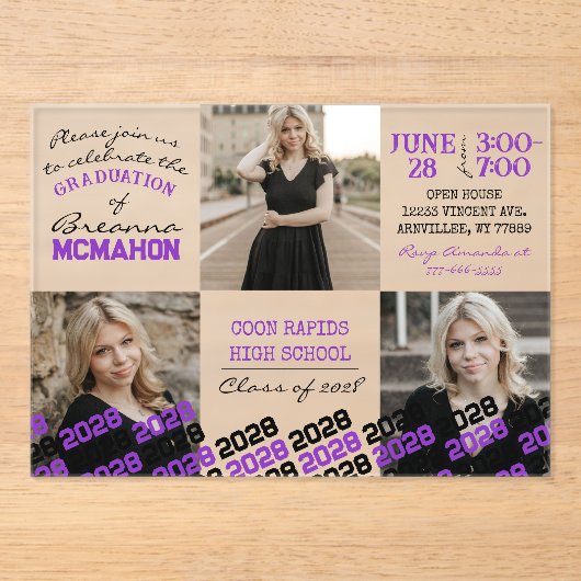 Unieke Paarse & Zwarte Afstuderen 3 Foto Frosted Acryl Uitnodigingen (Voorkant)