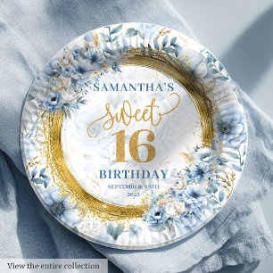 Unieke Pastel Blue Sweet Sixteen Gold Glitter Papieren Bordje