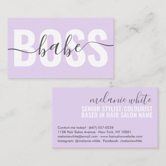 Unieke pastel paarse baas babe script chique haar visitekaartje (Voorkant / Achterkant)