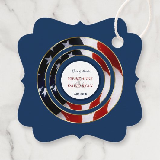 Unieke Patriottische Elegante USA Vlag Gouden Huwe Bedankjes Labels (Achterkant)