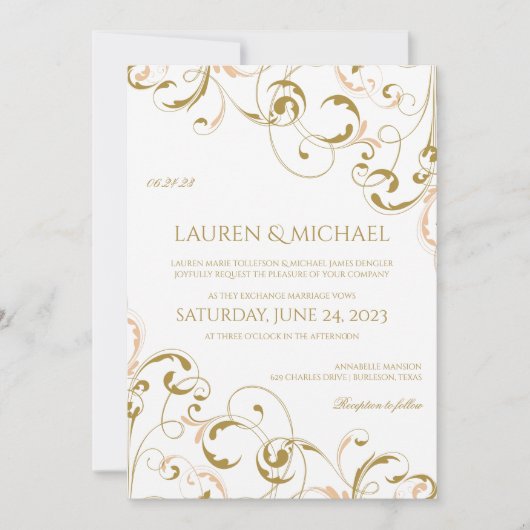 Unieke Peach & Gold bruiloft uitnodigingen | werve (Voorkant)