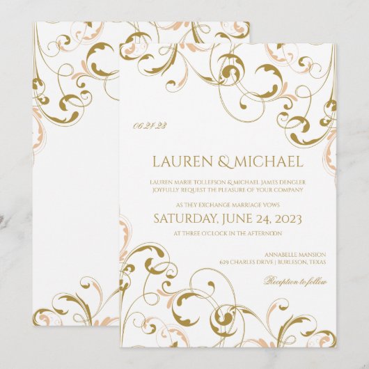 Unieke Peach & Gold bruiloft uitnodigingen | werve (Voorkant / Achterkant)