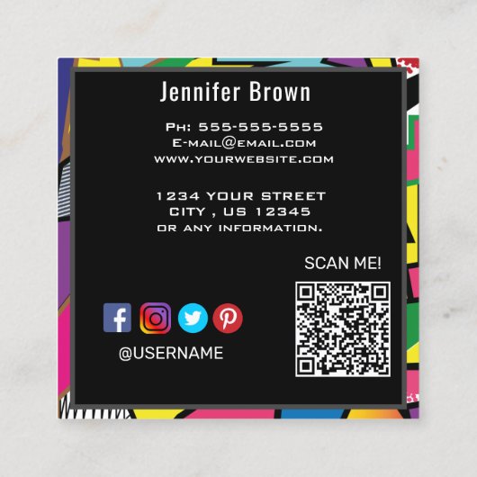 Unieke Pop Art Retro Style QR Code Square Business Vierkante Visitekaartje (Achterkant)