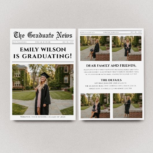 Unieke pret krant foto collage afstuderen aankondiging