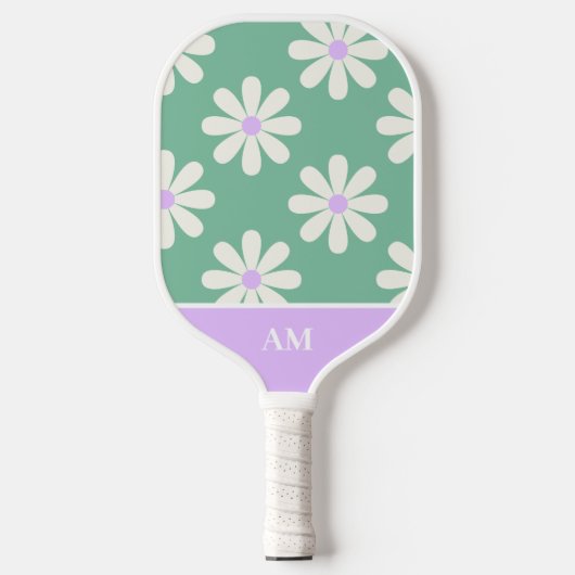 Unieke Retro Bloemen Monogram Groen & Lavendel Pickleball Paddle (Voorkant)