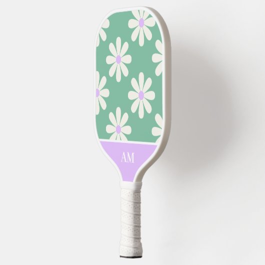 Unieke Retro Bloemen Monogram Groen & Lavendel Pickleball Paddle (Links)