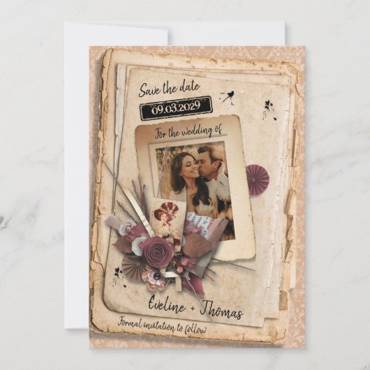 Unieke retro blush bogundy rozen save the date (Voorkant)