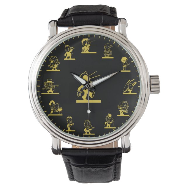 Unieke Retro Gold Cartoon mensen thema Horloge (Voorkant)