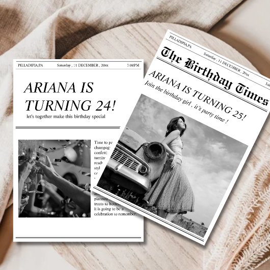 Unieke retro krant verjaardagsfeestuitnodiging kaart