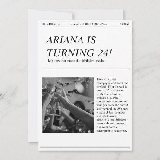 Unieke retro krant verjaardagsfeestuitnodiging kaart (Achterkant)