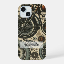 Unieke Retro Motorfiets met Gears Telefoonhoes iPhone 15 Case