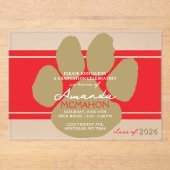 Unieke rode en bronzen gouden Afstuderen Pawprint Acryl Uitnodigingen (Voorkant)