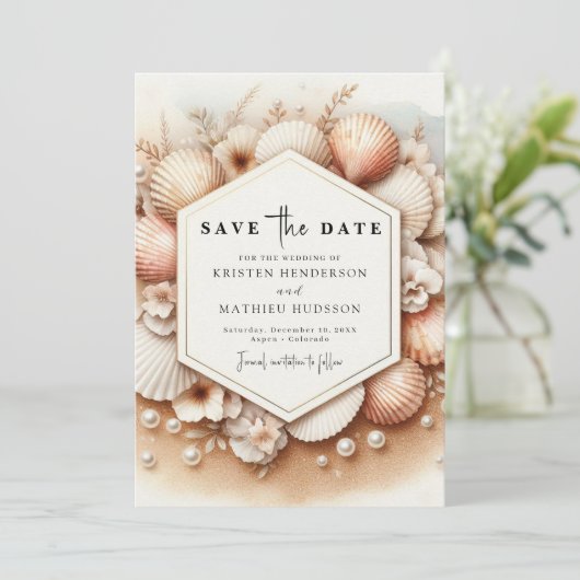 Unieke romantische strand bruiloft save the date (Staand voorkant)