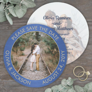 Unieke Ronde Foto Geborsteld Blauw en Goud Bruilof Save The Date
