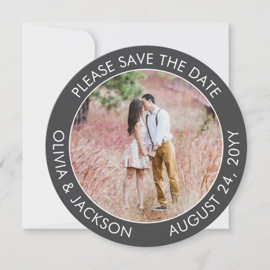 Unieke Ronde Foto Modern Grijs Chalkboard Bruiloft Save The Date (Voorkant)