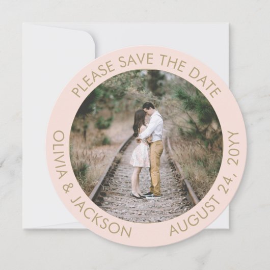 Unieke Ronde Foto Moderne Blush Roze Gouden Bruilo Save The Date (Voorkant)