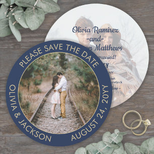 Unieke Ronde Foto Moderne Marine Blauw & Gouden Br Save The Date