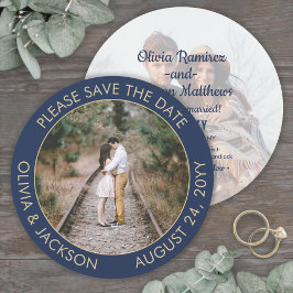 Unieke Ronde Foto Moderne Marineblauwe & Gouden Hu Save The Date