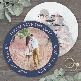 Unieke Ronde Foto Moderne Marineblauwe & Roze Huwe Save The Date