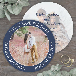Unieke Ronde Foto Moderne Marineblauwe Witte Huwel Save The Date