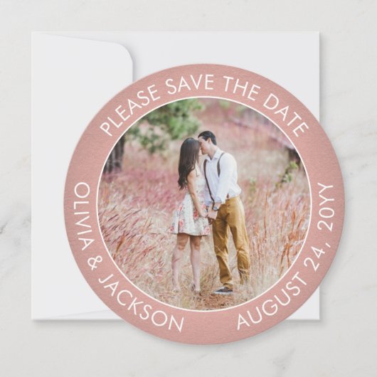 Unieke ronde foto Moderne Roze Ombre bruiloft Save The Date (Voorkant)