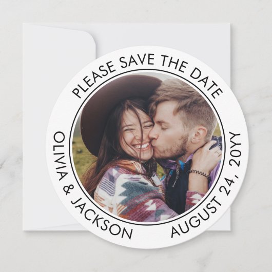 Unieke Ronde Foto Moderne Zwart-Wit Huwelijk Save The Date (Voorkant)