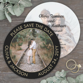 Unieke Ronde Foto Moderne Zwarte en Gouden Bruilof Save The Date