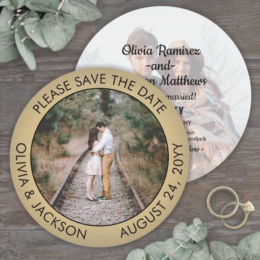 Unieke Ronde Foto Zwart & Goud Faux Folie Bruiloft Save The Date