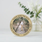Unieke Ronde Foto Zwart & Goud Faux Folie Bruiloft Save The Date (Staand voorkant)