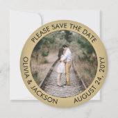 Unieke Ronde Foto Zwart & Goud Faux Folie Bruiloft Save The Date (Voorkant)