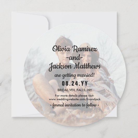 Unieke Ronde Foto Zwart Wit Faux Marmer Bruiloft Save The Date (Achterkant)