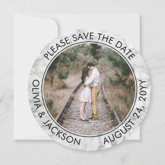 Unieke Ronde Foto Zwart Wit Faux Marmer Bruiloft Save The Date (Voorkant)
