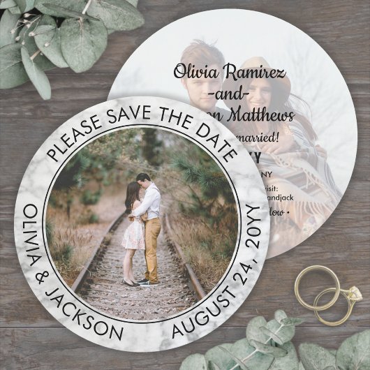 Unieke Ronde Foto Zwart Wit Faux Marmer Bruiloft Save The Date