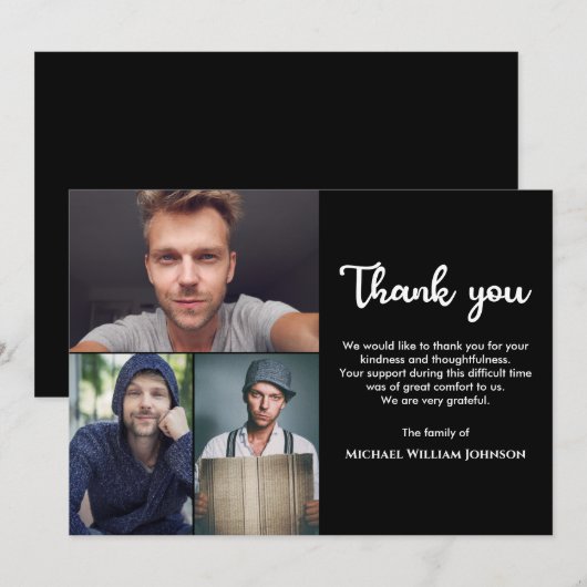 Unieke rouw- en herdenkingsdienst 3 foto-collage bedankkaart (Voorkant / Achterkant)