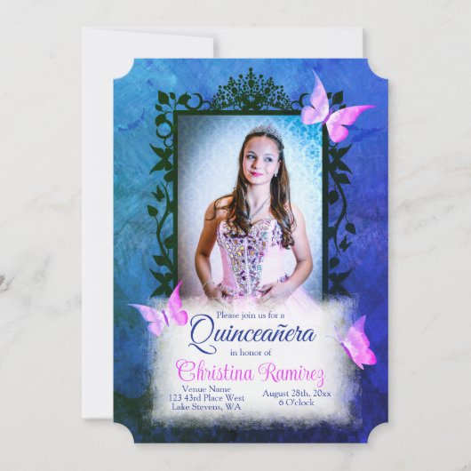 Unieke roze, blauwe Quinceanera  vlinders Kaart (Voorkant)