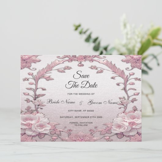 Unieke roze bloem Bewaar de datum Save The Date (Staand voorkant)