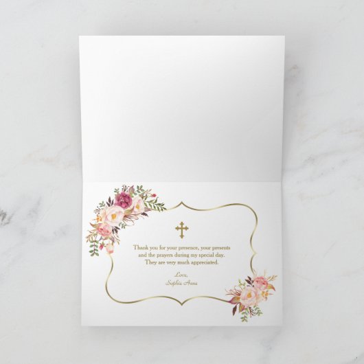 Unieke Roze Bloemen Kader Gouden Kruis Doop Bedankkaart (Binnen)