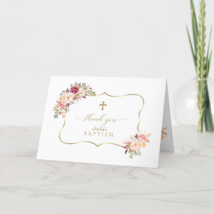 Unieke Roze Bloemen Kader Gouden Kruis Doop Bedankkaart