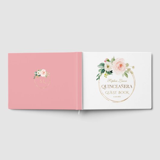 Unieke Roze Blush Bloemrijke Gouden Quinceañera Gastenboek (Volledig)