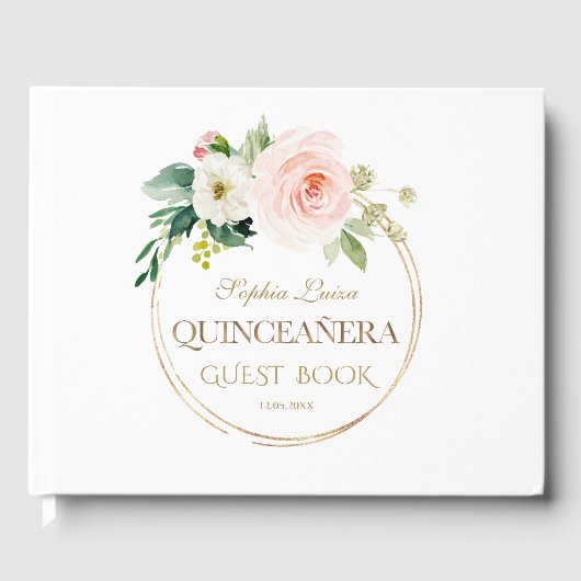 Unieke Roze Blush Bloemrijke Gouden Quinceañera Gastenboek (Voorkant)