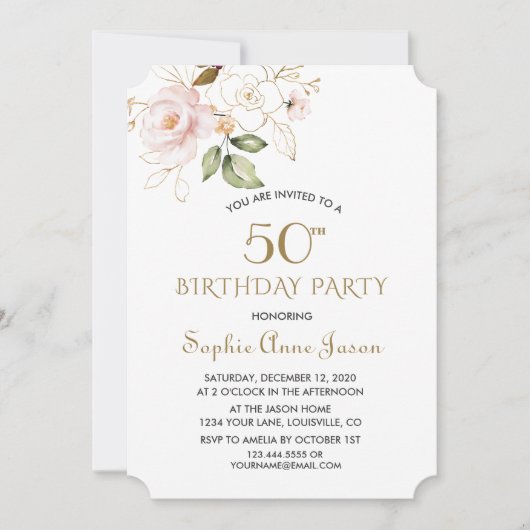Unieke Roze Blush Gold Flowers 50e verjaardag Kaart (Voorkant)